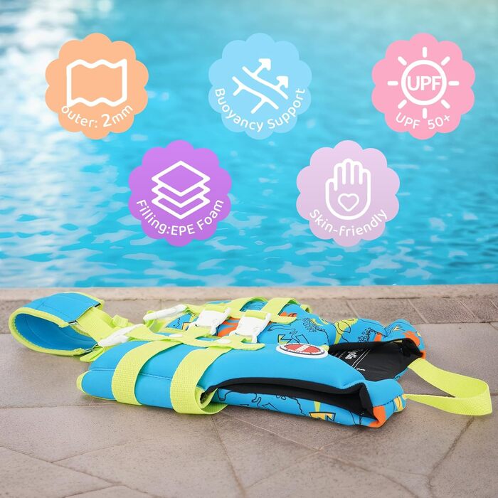 Дитячий жилет для плавання Boglia з регульованим ремінцем безпеки, блакитний динозавр, 1-9 років