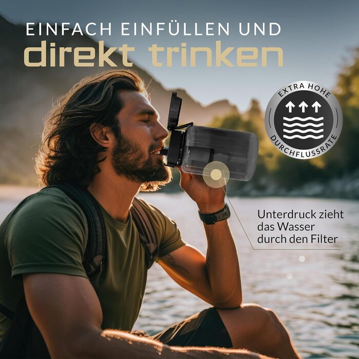 Фільтр-пляшка для води BERGKVIST FJÄLLKLAR 1 л з фільтром AHLSTROM, чорна – для чистої питної води під час кемпінгу, туризму та виживання