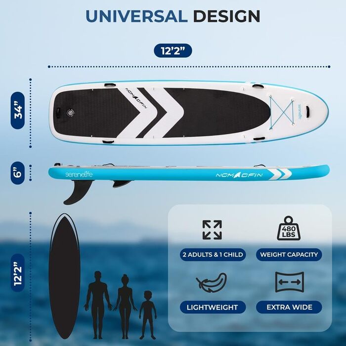 SUP дошка SereneLife надувна 366x86 см для 2 дорослих + дитина, комплект для сплаву, стабільна, антиковзка, для сім'ї, річки та озера