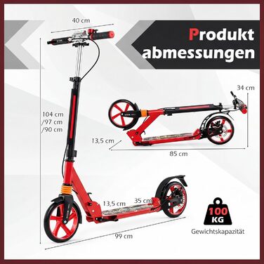 COSTWAY Кискскутер з дзвіночком та підставкою, регульована висота керма, складний, вантажопідйомність до 100 кг, з ременем для перенесення, для дітей та дорослих (червоний)