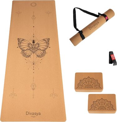 Преміум йога-мат DIVASYA з корку, нековзкий, набір: 2 блоки, натуральний каучук, розмір 183x66x0,4 см, ремінець для перенесення, дизайн «Метелик»