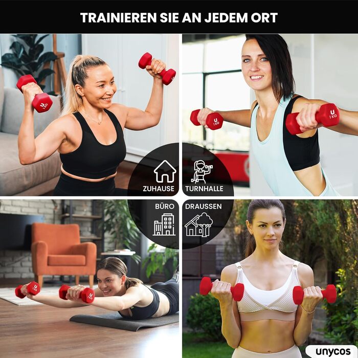 Гантелі неопренові Unycos 2 шт. 1-10 кг, шісткутні, антиковзаючі для фітнесу, силових тренувань, пілатесу та дому (#13 Червоний, 2 x 1 кг)