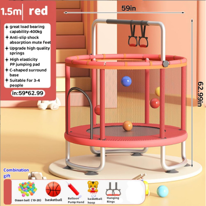 Трамплін для малюків 1,5 м з сіткою безпеки, баскетбольним кільцем, м'ячем, червоний