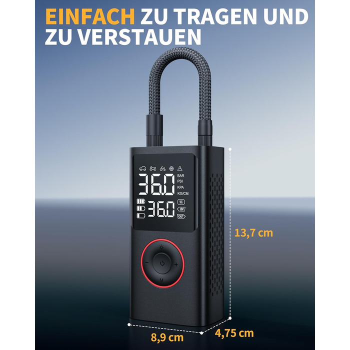 Бездротова електрична повітряна помпа Powools 150PSI з LED-ліхтариком та автостопом, акумуляторна помпа для велосипеда, електровелосипеда, авто, мотоцикла, м'ячів, чорна