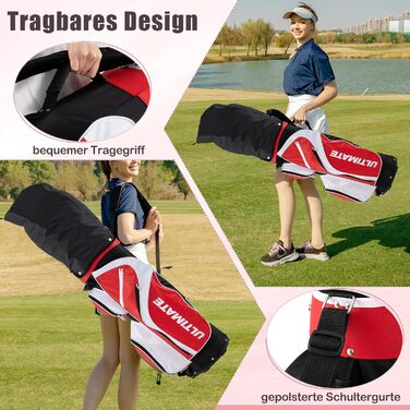 GYMAX Комплект жіночих гольф-клубів, 9-ти частинний, для правші. Включає 3 дерев'яні клюки (#1, 3, 4), 5 залізових (#6, 7, 8, 9, PW) та 1 паттер. З сумкою-підставкою та дощовим захистом, червоний колір.