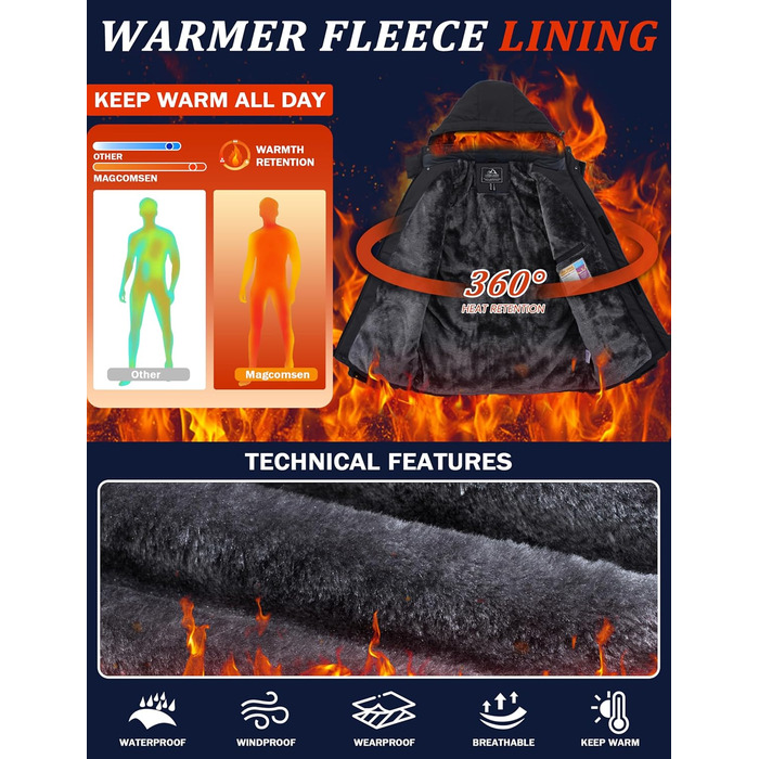 Чоловіча куртка MAGCOMSEN для сноубордингу та катання на лижах, тепла флісова куртка, водонепроникна, вітрозахисна, для активного відпочинку, знімний капюшон, чорний, XL