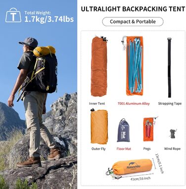 Намет Naturehike Cloud Up 1 - ультралегкий намет для 1 особи, 4 сезони, оранжевий (210T)