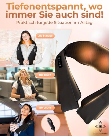 Масажер MASSAGEWERK Shiatsu для шиї та спини, електричний з функцією підігріву, чорний, для зняття м'язових болів та напруги, ергономічний