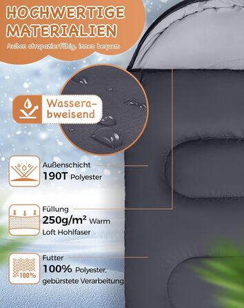 Спальний мішок для дітей KingCamp - легкий, теплий, 3-4 сезони, для кемпінгу та піших прогулянок (сірий, L)