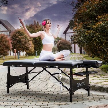 Складаний масажний стіл Master Massage Galaxy 76 см з підігрівом ThermaTop, дерев'яні ніжки, косметологічна кушетка, переносна, чорний, у комплекті сумка