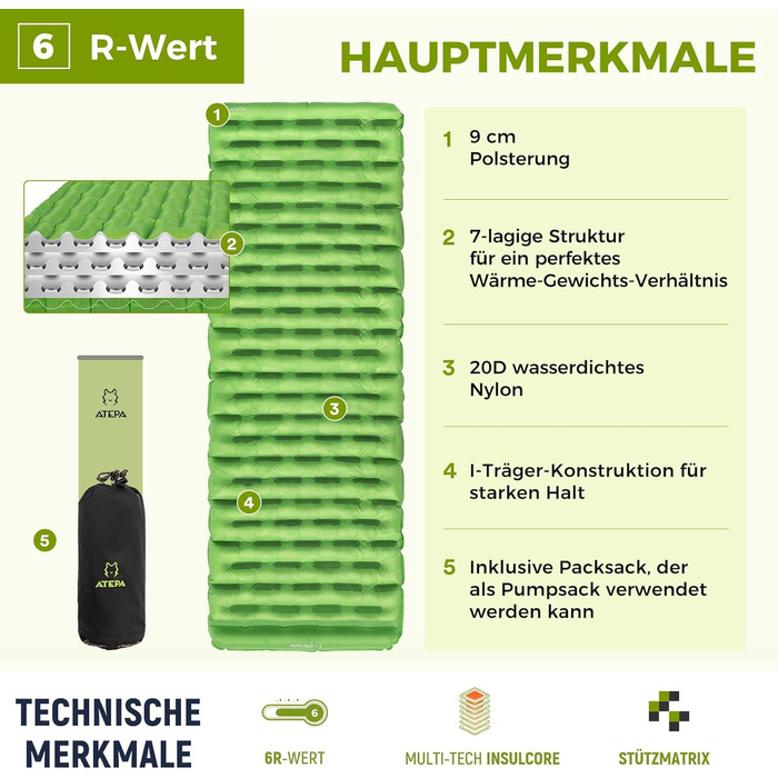 ATEPA ThermAir Ultraleichte Isomatte: Каремат для кемпінгу та хайкінгу, 9 см, R-значення 6, зелений (183x64 см)