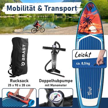 Надувний SUP-борд BRST Tropic | Комплект для станд-ап паддлбордингу | 320x81x15 см | 6 дизайнів | 5 років гарантії | з аксесуарами | 2-в-1: SUP та каяк | кріплення для Action Cam, фіксатор для ноги, насос, рюкзак (Sunset)