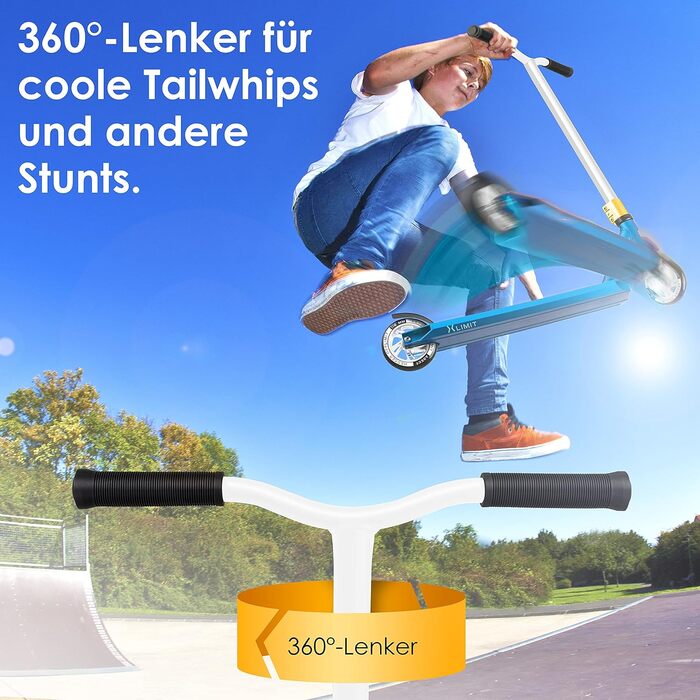 Трюковий самокат KESSER X-Limit-Pro 360° з підніжкою, підшипники ABEC 9, 110 мм PU колеса, для дітей і дорослих, Petrol Blue/White