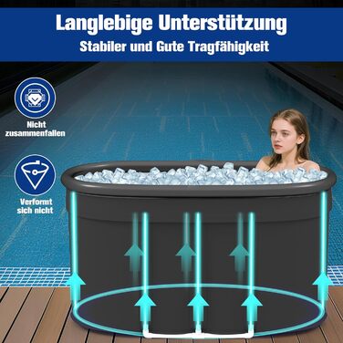 Еліптична ванна для льоду Newfulam XXL (120 см) з кришкою - Комплект, розкладна ванна для дорослих, льодогенератор, ванна для холодової терапії, чорна, 546 л