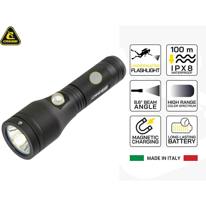 Ліхтар Cressi Astra Black - потужний LED-ліхтар для підводного плавання, риболовлі та досліджень, 2100 люмен, водонепроникний IPX8, 100м, унісекс, чорний