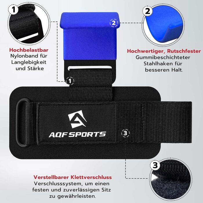 Набори гачків для важкої атлетики AQF – нековзкі ручки з гумовим покриттям, 8 мм неопренова подушка – гачки для підйому штанги для чоловіків та жінок (пара), ідеальні для підйому ваги та силових видів спорту, синій