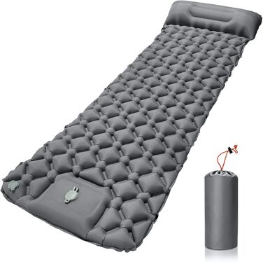AQXONG Килимок для сну самонадувний, водонепроникний, з насосом та подушкою, ультралегкий, для кемпінгу, подорожей та відпочинку на природі - сірий