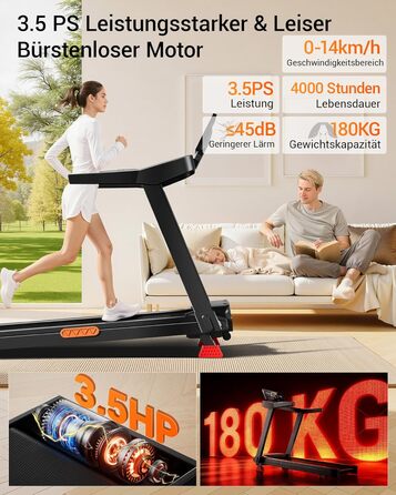 Бігова доріжка для дому LONTEK: складана, з нахилом 16%, швидкість до 14 км/год, мотор 3.5 к.с., пульсометр, LED-дисплей, макс. навантаження 180 кг, чорна