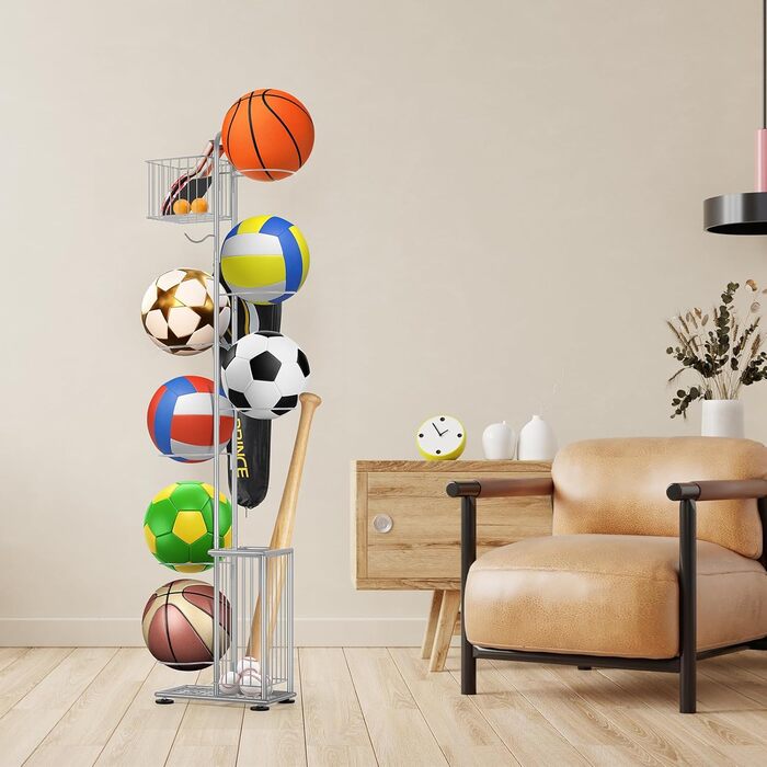 Металева стійка для м'ячів Smusei, 7-ярусна, з 2 кошиками та гачками. Організатор для баскетболу, футболу, волейболу та інших м'ячів. Сріблястий колір
