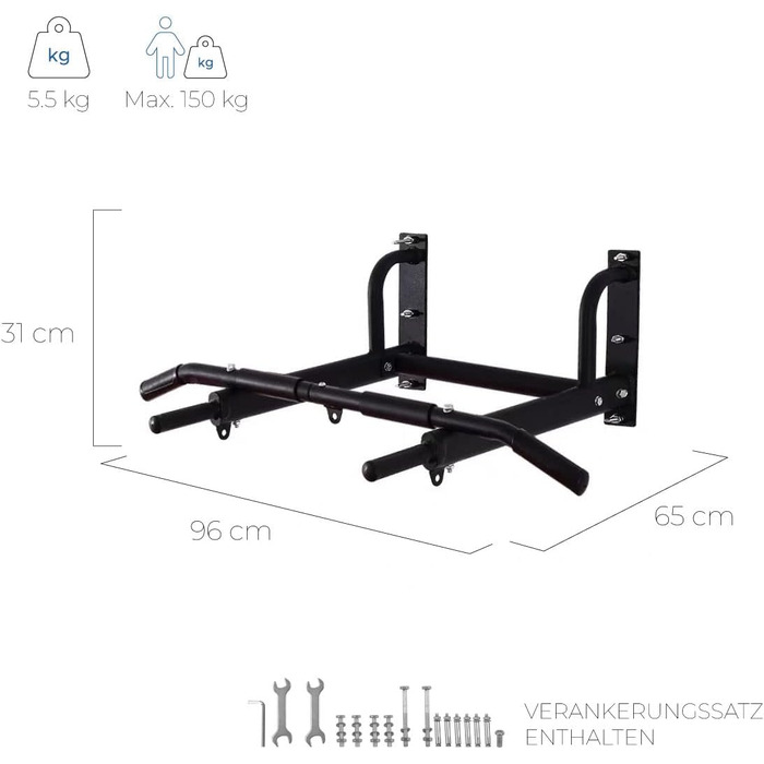 Турнік настінний Mobiclinic Fitness з кріпленням, до 150 кг, для боксерської груші, каллістеніки, домашній спортзал, нековзні ручки, універсальний