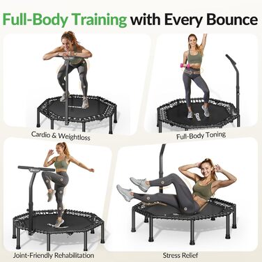 Трамплін для дому BCAN Fitness, діаметр 102/122/130 см, пружинний/з еластичними тросами, для дорослих до 250 кг, з регульованими ручками, тихий та з низькою вібрацією, зелений 102 см