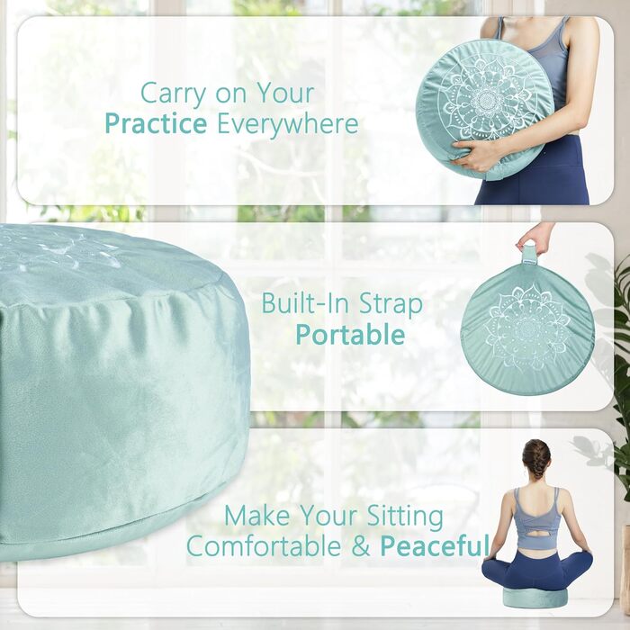 Подушка для медитації Hihealer з додатковим оксамитовим чохлом – велика традиційна подушка для медитації, килимок для йоги, Zafu наповнений лушпинням гречанки, для жінок (Синій & Чорний)