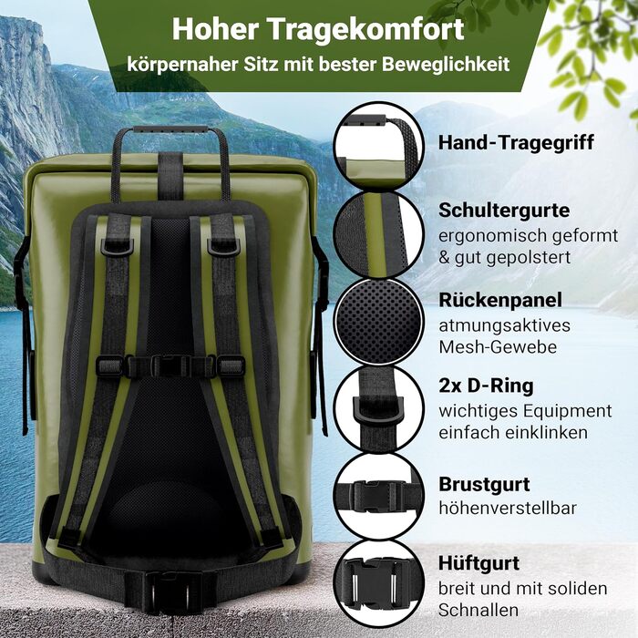 Водонепроникний рюкзак Scandic Nature Pioneer з ролтоп закриттям 35L/55L, чорний, жовтий, оливково-зелений - надміцний завдяки дну з 1000D PVC тканини, водонепроникний чохол для телефону IPX8, 35 літрів