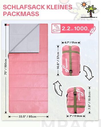 Сплячий мішок літній Sportneer 190x85 см: легкий, водонепроникний, для кемпінгу, походів, подорожей (рожевий)