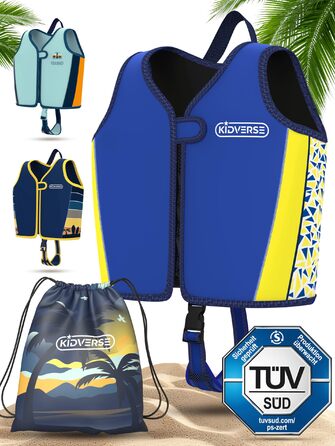 KIDVERSE Schwiweste Kinder: Плаваючий жилет для дітей від 2 років - сертифікований TÜV, перевірений Testsieger, з регульованою плавучістю, CE-сертифікований, з м'якого неопрену (блакитно-жовтий, M)