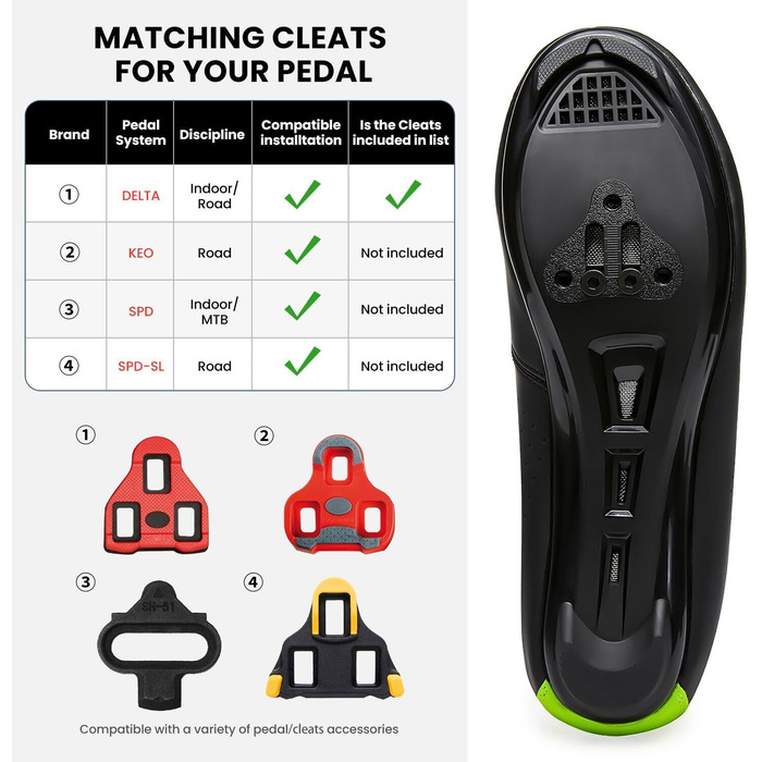 Велотуфлі для чоловіків та жінок: шосейні та MTB, сумісні з педалями Look SPD, SPD-SL, Delta Lock, Peloton. Розмір 41 EU, чорний/зелений