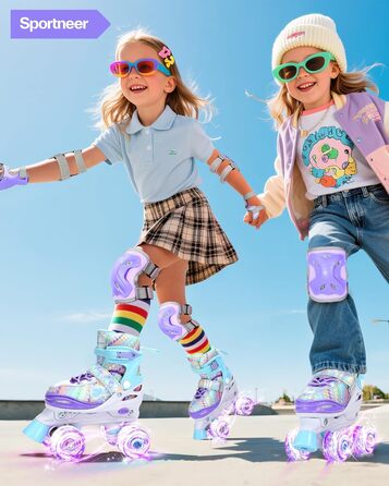 Дитячі ролики Sportneer з захистом, регульовані ролики з 8 світлими колесами, для дівчаток, дітей, підлітків, початківців, для занять в приміщенні та на вулиці, фіолетовий S (EU 30-33)
