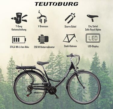 Електровелосипед міський Teutoburg Senne 28 дюймів, чорний, 10,4 А·год/36В Li-Ion акумулятор, 7-ступенева Shimano, електровелосипед для міста