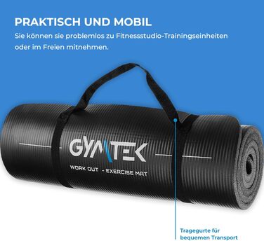 Фітнес-мат для йоги Gymtek 180x61 см, NBR 1,5 см, чорний, з ременями для перенесення, для пілатесу, аеробіки та гімнастики