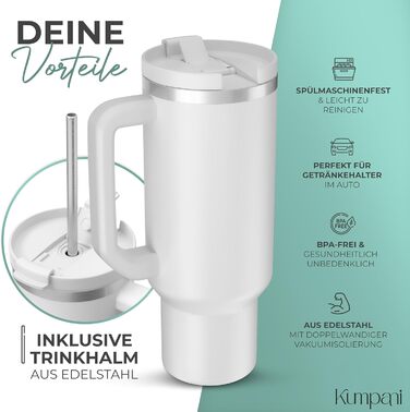 Термочашка Kumpani 1,1 л з ручкою і кришкою, ізольований питний стакан з трубочкою, герметичний, BPA-free, для гарячих і холодних напоїв, ідеально для дому та подорожей, білий