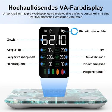 Вага Healthkeep для вимірювання жиру та м'язів - вага для визначення складу тіла з дисплеєм, вимірює 15 показників (сердечний ритм, ІМТ), цифрова вага-переможець у тесті з додатком для iOS та Android (280 Marmorgrün)