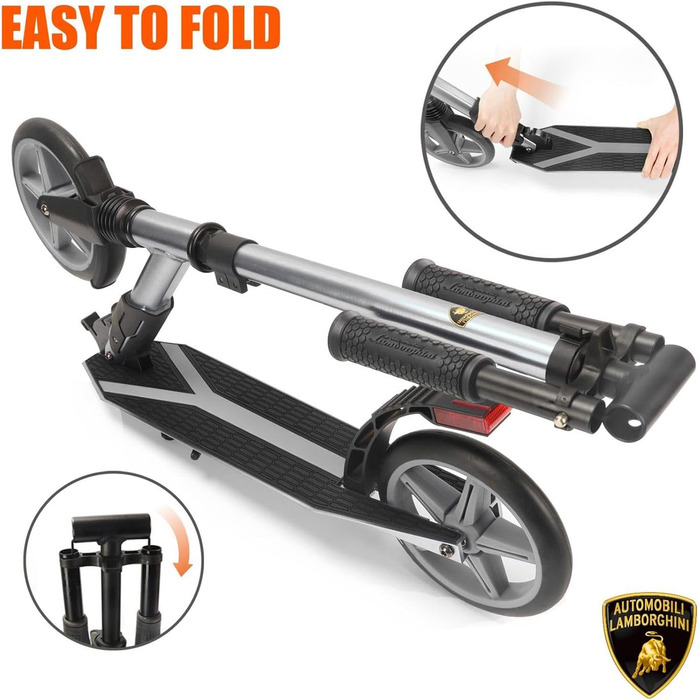 Скутер Lamborghini Tretroller Cityroller з великим колесом, складний, регульована висота, для дорослих та дітей, з підставкою, передньою амортизацією та гальмом на задньому колесі, до 100 кг (Сірий)
