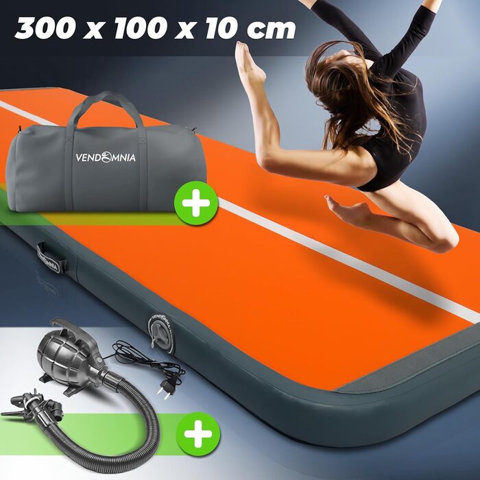 Надувна гімнастична мата VENDOMNIA Airtrack Matte, 10/20см заввишки, довжиною 1/2/3/4/5/6/7/8 м, з електричним насосом та сумкою. Ідеально для гімнастики, акробатики, тренувань, фітнесу, йоги. Розмір: 300x100x10см, Колір: Оранжево-сірий