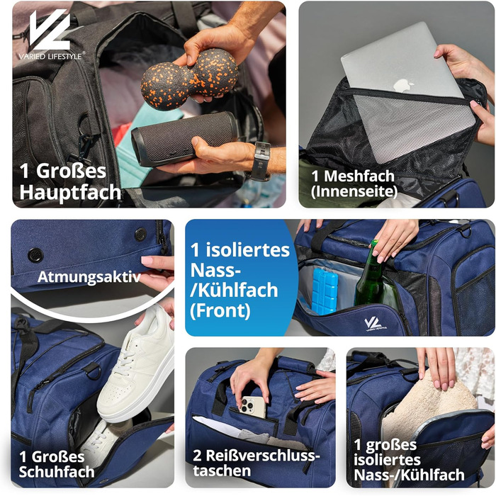 Спортивна сумка V® з відділенням для взуття, мокрою білизною та ізольованим холодильним відсіком. Сумка для сауни, подорожей, спортзалу, фітнесу, плавання. Чорно-сірий (XL, Синьо-карбоновий)