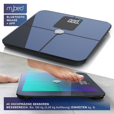 Вага Mybeo для тіла з аналізом складу тіла та Bluetooth - цифрова вага для тіла з дисплеєм, скануванням Full Body, до 180 кг, загартоване скло