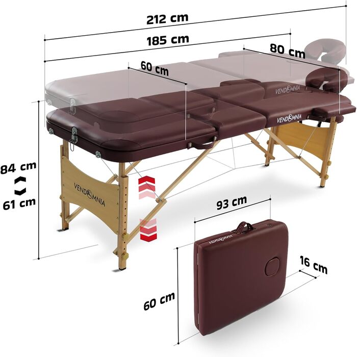 Масажне ліжко VENDOMNIA з дерев'яними ніжками, 3 зони, регулювання висоти, включаючи якісну подушку, сумку, підлокітники, вибір кольору, складане, для масажу, ліжко для процедур, Бургунді