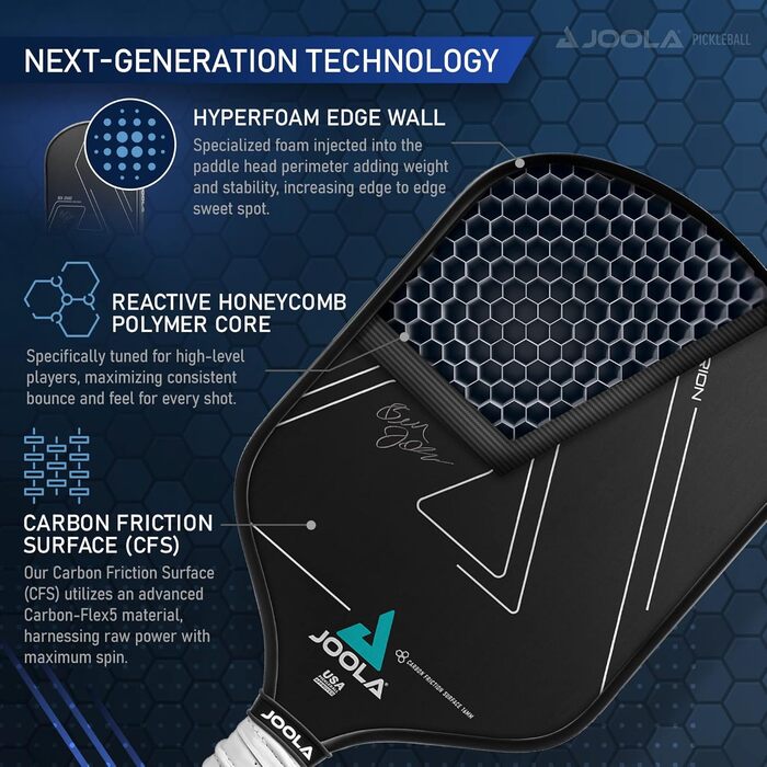 Паддл для піклболу JOOLA Ben Johns Hyperion – карбонова поверхня з високим обертом, подовжений захват, сертифікований USAPA, з чохлом