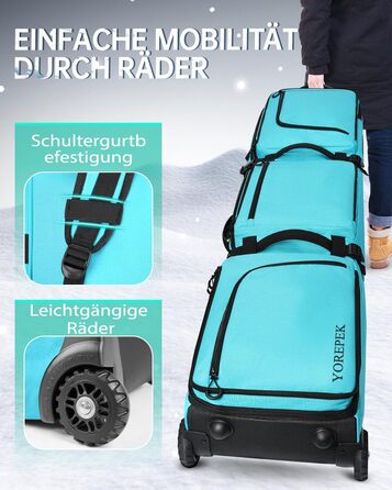 Чохол для сноуборду YOREPEK з колесами, водонепроникний, з 6 кишенями для сноуборду та лиж, розширюваний, 170 см, для подорожей літаком (Світло-блакитний)