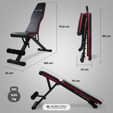 Складана лавка для фітнесу Mobiclinic Flexfit, регульована спинка і сидіння, до 200 кг, для домашнього тренування, європейський бренд, багатофункціональна