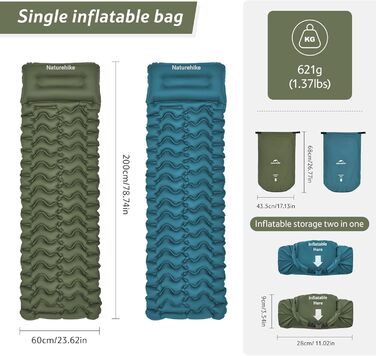 Килимок для кемпінгу Naturehike, Ultraleichte Aufblasbare Schlafmatten, вбудований насос, для велосипеда, походу, намету, початковий рівень (Army Green, одинарний)