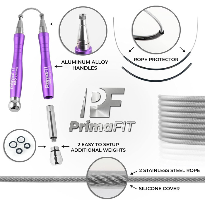 Скакалка PrimaFIT для дорослих, фітнес, професійна, 3м, регульована з обважнювачами, 2 підшипники, антиковзні ручки, для боксу, MMA, кросфіту, сталевий трос, чохол, фіолетова