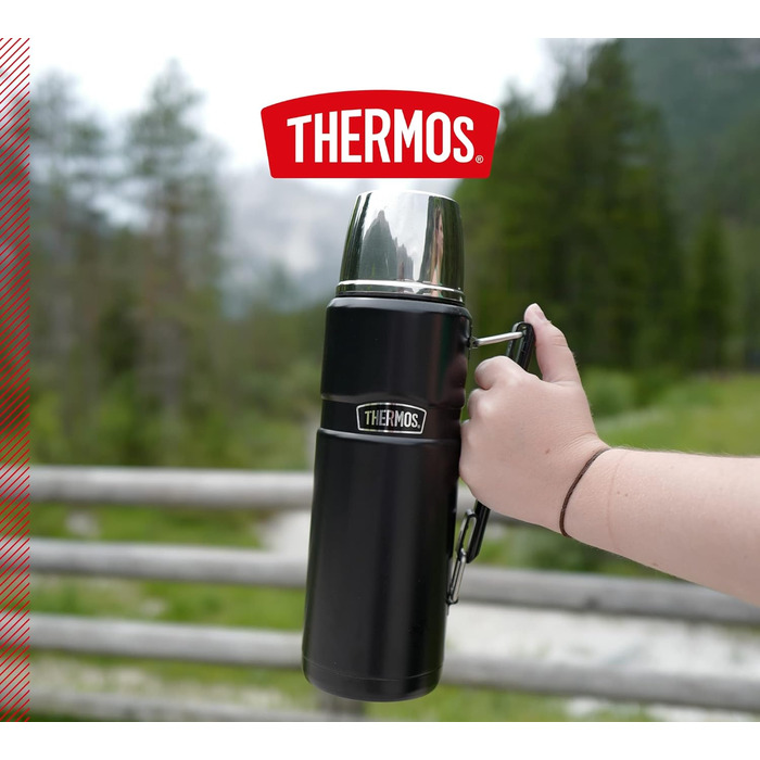 Термос із нержавіючої сталі Thermos King 1,2 л, чорний матовий, з чашкою, 12 годин гаряче / 24 години холодне, BPA free, придатний для миття в посудомийці, з ручкою