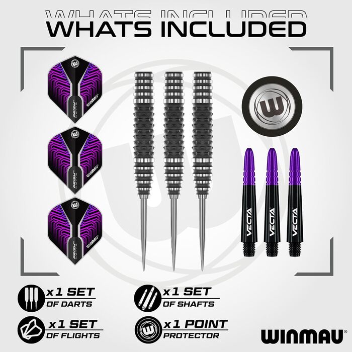 Професійний набір дротиків WINMAU Kairos 90% вольфрам, сталевий наконечник, з оперенням і стрижнями, 21-26 г