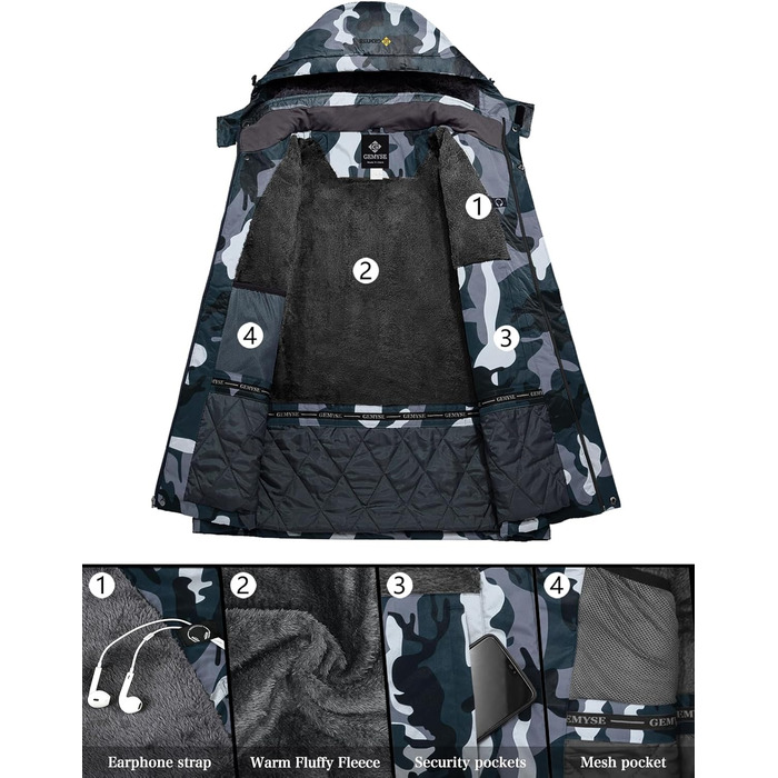 Чоловіча тепла зимова куртка GEMYSE для гірських прогулянок, вітро- та водонепроникна, дихаюча, з капюшоном та багатьма кишенями. Розмір L, багато кольорів