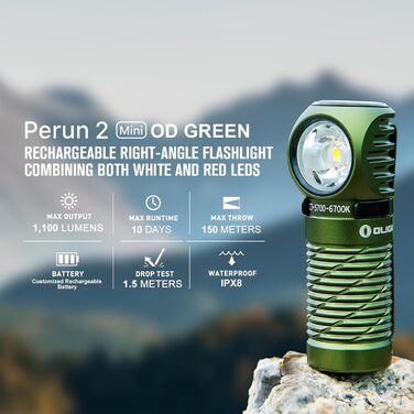OLIGHT Perun 2 Mini LED налобний ліхтар 1100 люмен, 150 метрів, USB-зарядка, червоне світло, 5 режимів, водонепроникний, для кемпінгу та надзвичайних ситуацій, холодний білий (зелений, холодний білий)
