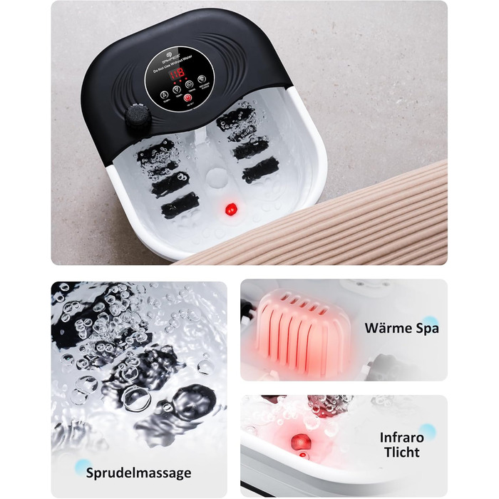 Ванночка для ніг з масажем та підігрівом – складана ванночка для ніг з бульбашками та пемзою, масажер для ніг з водою та 8 роликів – ідеальний подарунок (Чорний)